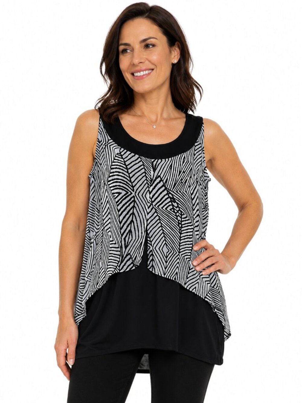 Picadilly Abstract Black White Sleeveless Layered Tunic Top Women's Small